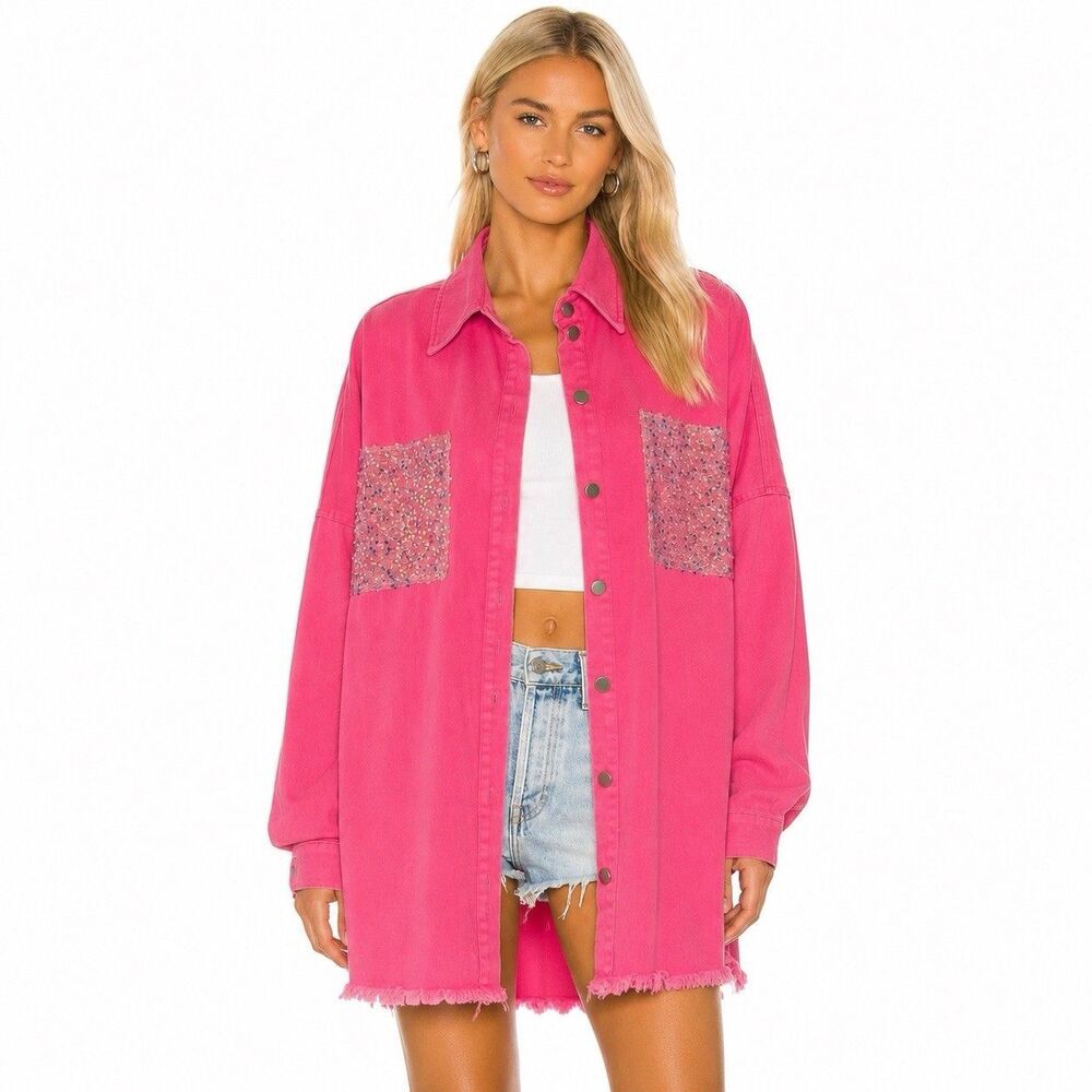 Fantastic Fawn Small Pink Denim Cowgirl Sequin Button Down Raw Hem Barbie Jacket